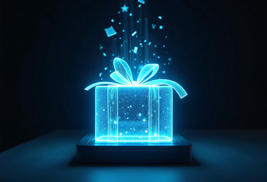 glowing blue halographic gift box