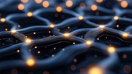 An abstract digital art piece featuring a complex network of flowing, interconnected lines and illuminated nodes. The background is dark with soft, out-of-focus