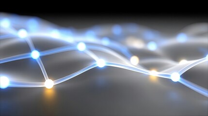 An abstract digital visualization of a network with interconnected glowing nodes in blue and yellow, set against a dark, blurred background.
