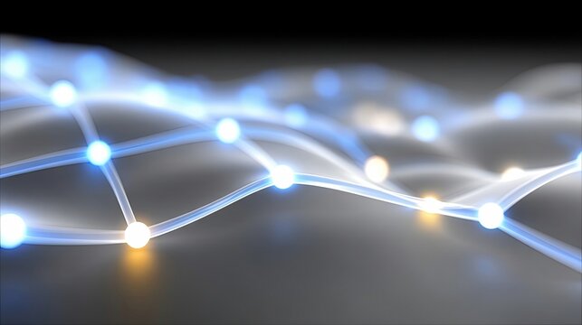 An abstract digital visualization of a network with interconnected glowing nodes in blue and yellow, set against a dark, blurred background.