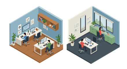 Modern isometric office spaces illustrating teamwork and remote work scenarios