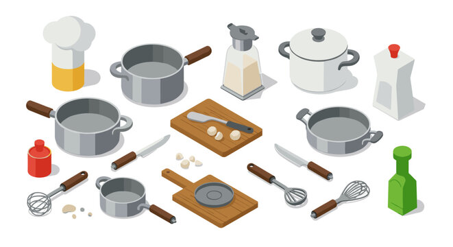 Isometric kitchen tools and utensils set for cooking enthusiasts