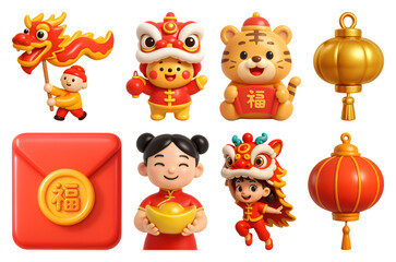 Naklejka premium PNG Festive Chinese New Year icons, element set on transparent background