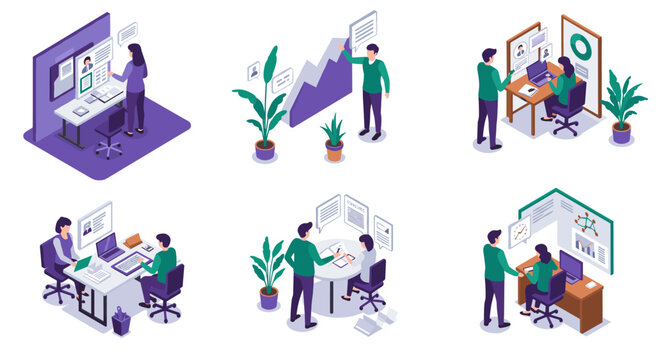 Isometric office scenes with diverse professionals in collaborative work environments