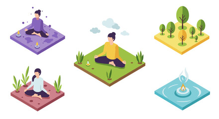 Isometric meditation scenes with peaceful nature settings