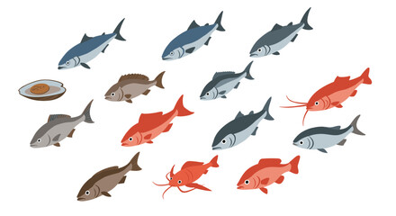 Fototapeta premium Assorted marine life with fish and shellfish in flat design
