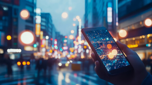 Close-up of hand holding smartphone displaying vibrant, illuminated digital cityscape, with dreamy, bokeh-filled urban night street blurred in background, symbolizing modern connectivity and technolog