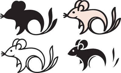 Stylized mouse vector set with outline, silhouette, and minimal line art variations for design
