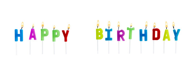 Colorful birthday candles in shape of letters Happy Birthday isolated on transparent background. Birthday candles for birthday celebrations, greeting cards, banners, or party decorations design.