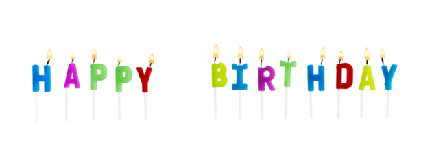 Colorful birthday candles in shape of letters Happy Birthday isolated on transparent background. Birthday candles for birthday celebrations, greeting cards, banners, or party decorations design.