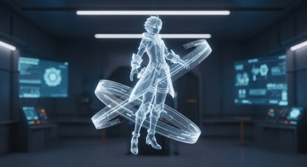 Futuristic character hologram in modern lab for technology innovation use