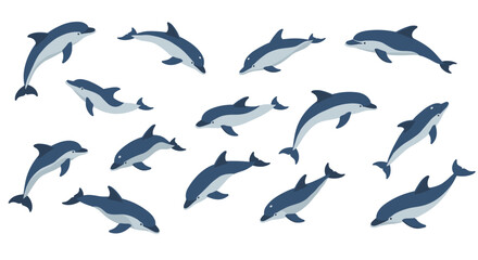 Fototapeta premium Flat design dolphins in various poses on white background