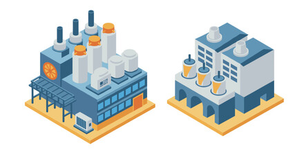 Isometric industrial buildings with detailed structures and chimneys