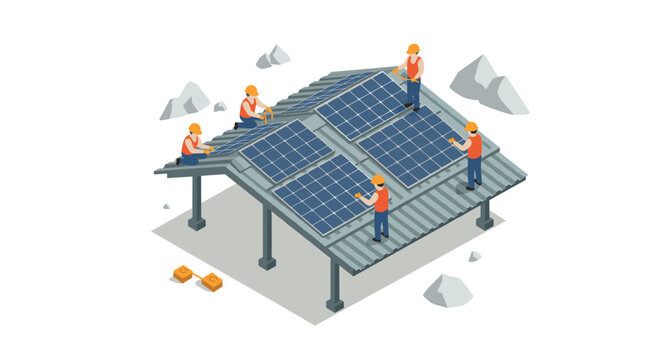 Workers installing solar panels on a rooftop in isometric design