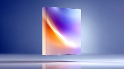 A 3D rendered abstract geometric box with a colorful gradient light effect, floating above a reflective surface in a studio setting.