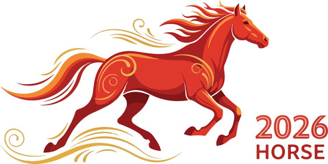 A stylized red horse runs gold swirls accenting its body 2026 HORSE text is next to the image