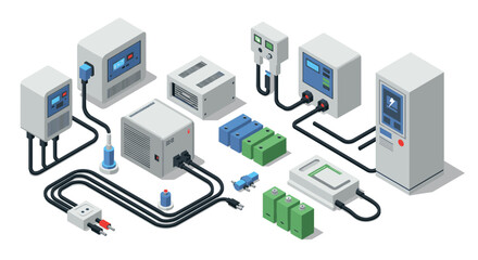 Isometric power supply systems and devices with cables and indicators