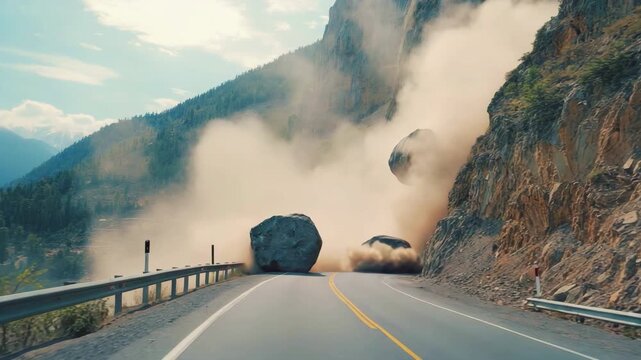 Rocks falling on mountain road creating dust cloud