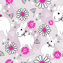 Bunny seamless pattern background. Rabbit pink flowers illustration pattern. Ladybug, leaves flowers background. Perfect for fabrics, textile, wallpaper, decor.Floral seamless pattern
