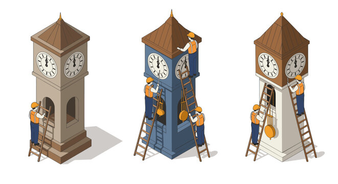 Workers fixing clock towers: isometric design of men at work on three clock towers