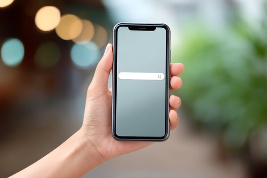 A hispanic woman's hand holding a smartphone displaying the search icon