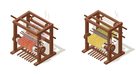 Isometric vintage loom machines with colorful textiles: traditional craftsmanship in 3d style