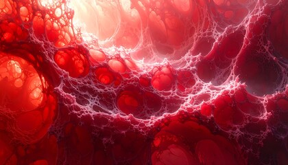 An abstract, textured image with flowing, interconnected red and white shapes resembling an organic structure