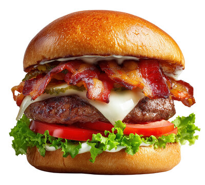 Gourmet bacon cheeseburger with fresh vegetables image isolated transparent, ai generated. Juicy burger with toasted bun and grilled beef lettuce cut out photo png. Cutout element object photography - Powered by Adobe