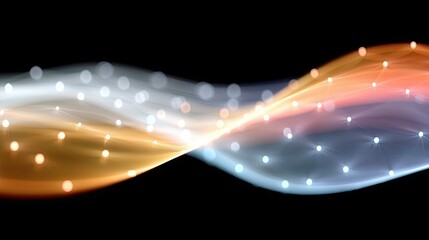 An abstract digital illustration depicting a flowing wave of light and particles, with glowing nodes connected by lines, set against a black background.