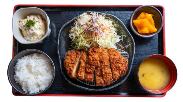 Tonkatsu teishoku set with cabbage salad and miso soup image isolated transparent, ai generated. Breaded pork cutlet and steamed rice bowls cut out photo png. Cutout element object photography