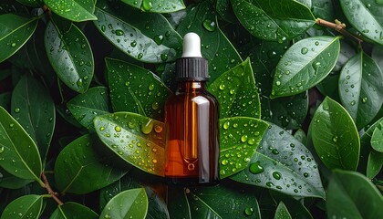 An amber glass bottle with a dropper is nestled among lush green leaves adorned with glistening water droplets