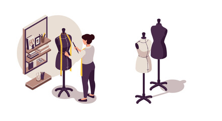 Tailoring craft scene with mannequins and designer in modern workspace