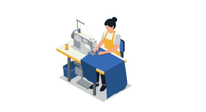 Seamstress working at sewing machine in isometric workshop