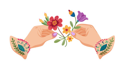 Hands delicately hold vibrant floral embroidery, showcasing intr.