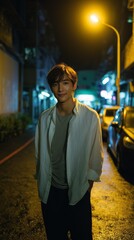 Person standing on an illuminated night street