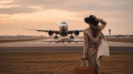 A woman stands on the runway, waving farewell to departing planes at an airport. She wears a hat and has a suitcase, enjoying the beautiful sunset in the background