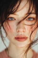 Close-up portrait with wind-blown hair