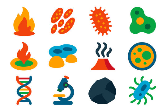 Bold Extremophile Icons. Flat vector icons of Extremophiles: Thermophile, Halophile, Acidophile, Microbe, Hot Spring, Salt Lake,