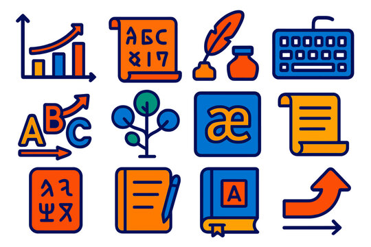 Language Evolution Icons. Flat vector icons of language evolution: timeline chart, ancient manuscript, quill pen, modern keyboard,