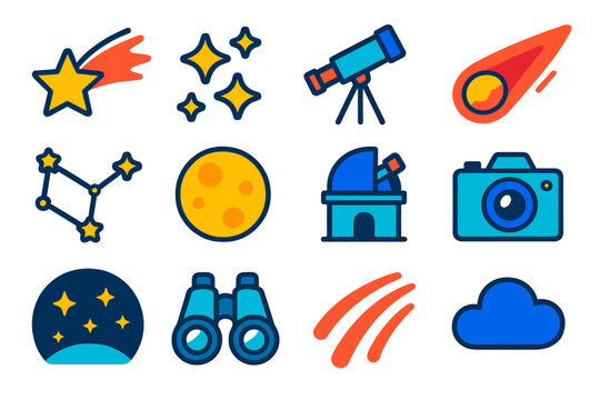 Geminids Icon Set. Flat vector icons of Geminids Meteor Shower: Shooting Star, Star Cluster, Telescope, Meteor, Constellation,