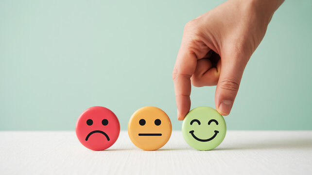 Hand selecting a happy face emoji from a row of emotion icons
