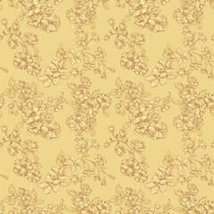 Warm seamless floral vector pattern with detailed hand drawn blossoms, buds and leaves in soft golden brown tones on a muted yellow background. Vintage, elegant for textiles and decor