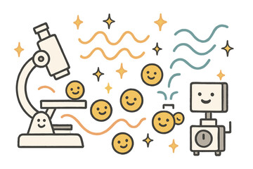 Fototapeta premium Smiling Nanoparticles Lab. Whimsical doodle plasmonics lab with smiling nanoparticles, cartoon light waves bouncing cheerfully,