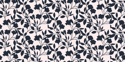 Seamless vector floral pattern with bold dark silhouettes of blooming flowers and leaves on a soft pastel background. Modern elegant botanical design for textiles and decor