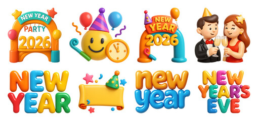 Obraz premium PNG Colorful New Year celebration graphics, element set on transparent background