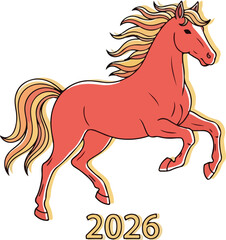 A stylized red horse with a yellow mane and tail leaps above the year 2026