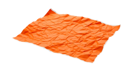 Crinkled orange paper texture with torn edges isolated on transparent background
