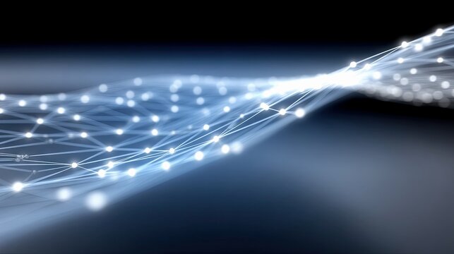 An abstract digital network with interconnected nodes and glowing lines, set against a dark background with a blue gradient. The lighting is futuristic and ethe
