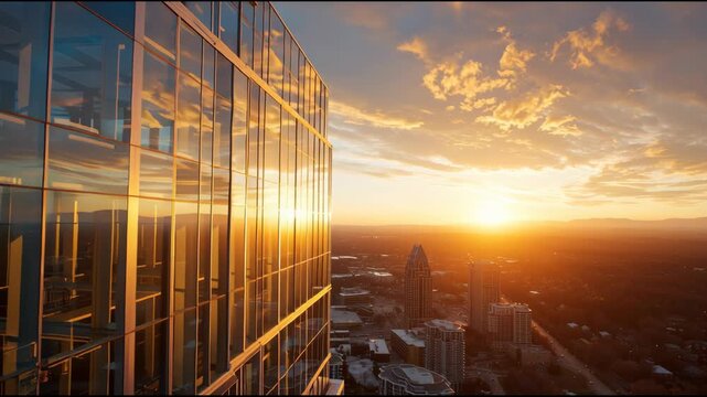 Sunset view of modern glass skyscraper reflecting the vibrant sky and cityscape from a high angle