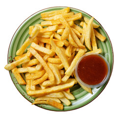 Crispy golden french fries served with a side of ketchup on a green plate. 